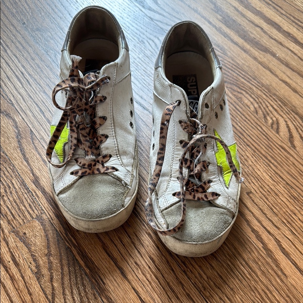 Golden Goose White and Neon Yellow Sneakers